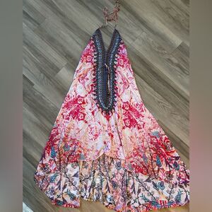 Dia Collections High Low Gem Top Deep V Tie Neck Dress